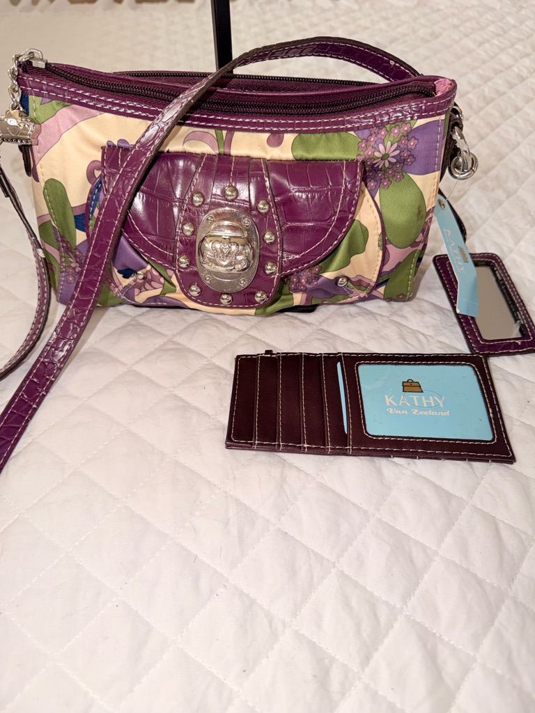 Kathy Van Zeeland Purple Floral Crossbody With Matching Card Holder